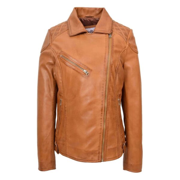 WeeBroz Women's Tan Leather Biker Jacket Timeless Outerwear - Image 3