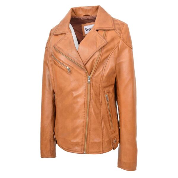WeeBroz Women's Tan Leather Biker Jacket Timeless Outerwear - Image 5