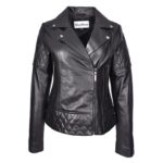 WeeBroz Women's Black Leather Biker Jacket Multi Cross Zip Quilted Style