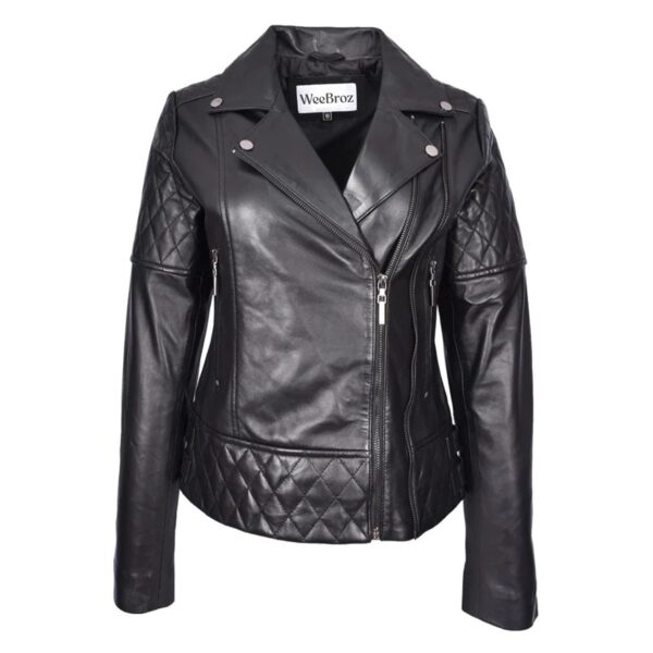 WeeBroz Women's Black Leather Biker Jacket Multi Cross Zip Quilted Style - Image 1