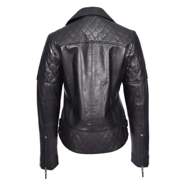 WeeBroz Women's Black Leather Biker Jacket Multi Cross Zip Quilted Style - Image 2