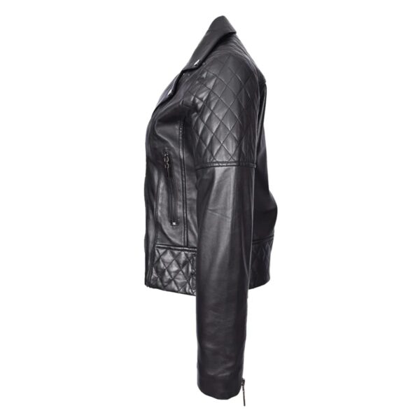 WeeBroz Women's Black Leather Biker Jacket Multi Cross Zip Quilted Style - Image 3