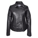 WeeBroz Women's Black Leather Biker Jacket Multi Cross Zip Quilted Style - Image 4