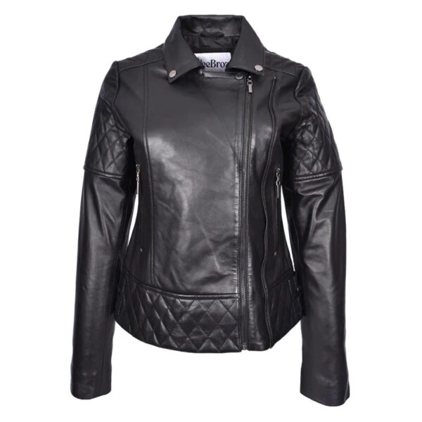 WeeBroz Women's Black Leather Biker Jacket Multi Cross Zip Quilted Style - Image 4