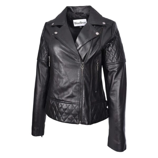 WeeBroz Women's Black Leather Biker Jacket Multi Cross Zip Quilted Style - Image 5