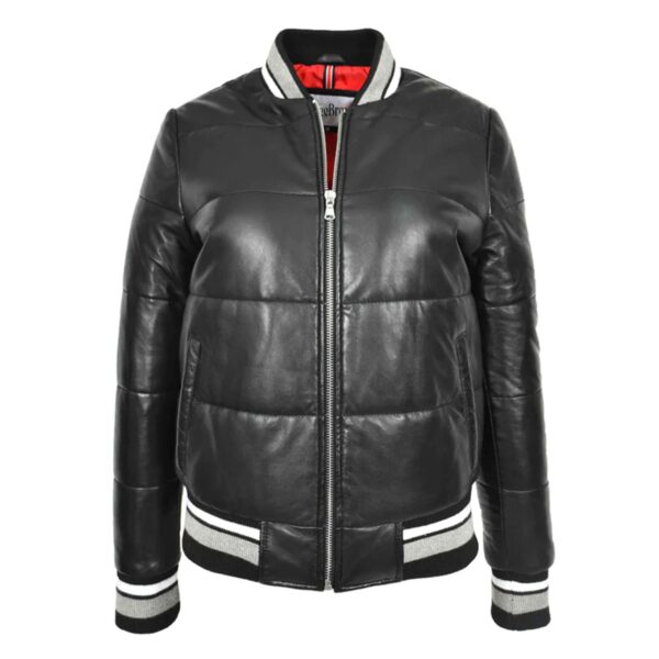 WeeBroz Women’s Black Leather Bomber Jacket Puffer Style - Image 1