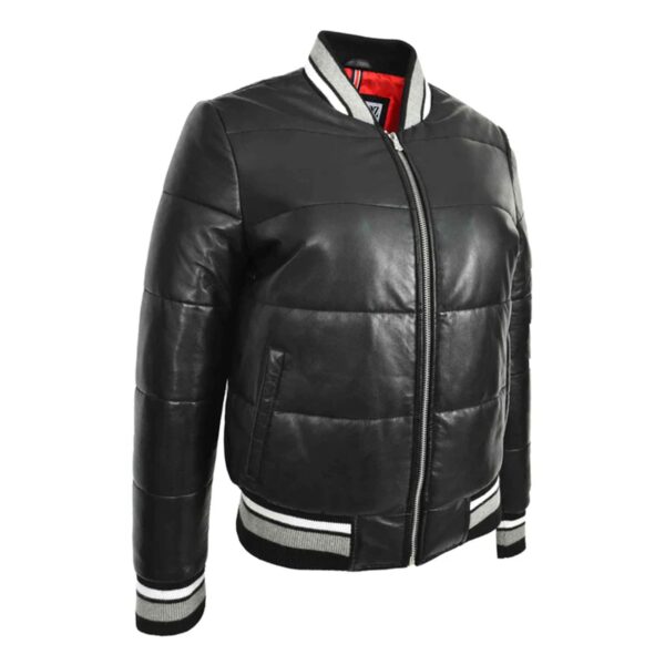 WeeBroz Women’s Black Leather Bomber Jacket Puffer Style - Image 4