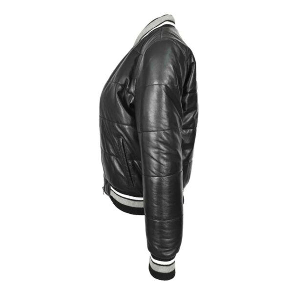WeeBroz Women’s Black Leather Bomber Jacket Puffer Style - Image 5