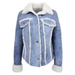 WeeBroz Women’s Denim Blue Leather Bomber Jacket Sheepskin Trucker Jacket