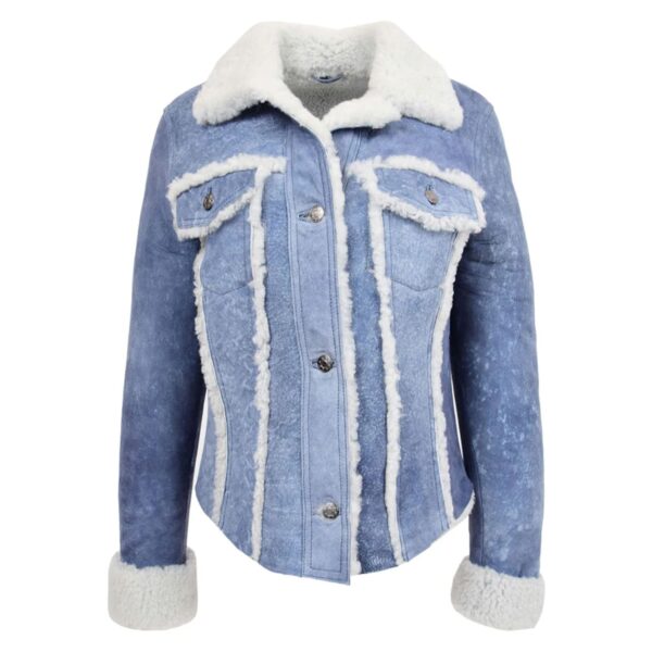 WeeBroz Women’s Denim Blue Leather Bomber Jacket Sheepskin Trucker Jacket - Image 1