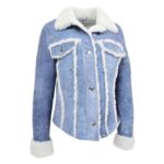 WeeBroz Women’s Denim Blue Leather Bomber Jacket Sheepskin Trucker Jacket - Image 3