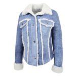WeeBroz Women’s Denim Blue Leather Bomber Jacket Sheepskin Trucker Jacket - Image 4