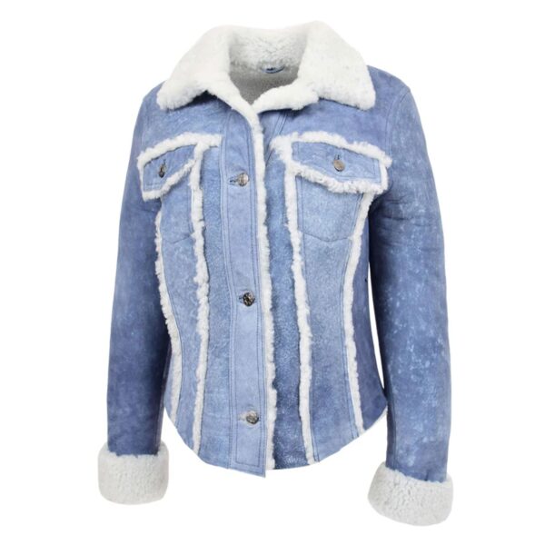 WeeBroz Women’s Denim Blue Leather Bomber Jacket Sheepskin Trucker Jacket - Image 4