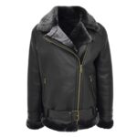 WeeBroz Women’s Black Leather Bomber Jacket Sheepskin Cross Zip Style
