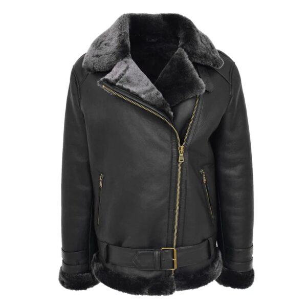 WeeBroz Women’s Black Leather Bomber Jacket Sheepskin Cross Zip Style - Image 1