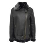 WeeBroz Women’s Black Leather Bomber Jacket Sheepskin Cross Zip Style - Image 3