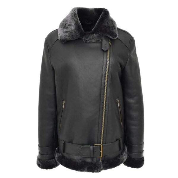 WeeBroz Women’s Black Leather Bomber Jacket Sheepskin Cross Zip Style - Image 3