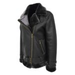WeeBroz Women’s Black Leather Bomber Jacket Sheepskin Cross Zip Style - Image 4