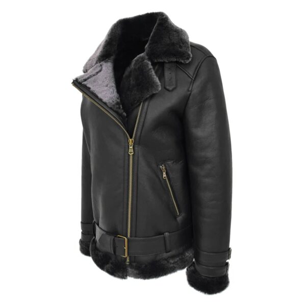 WeeBroz Women’s Black Leather Bomber Jacket Sheepskin Cross Zip Style - Image 4