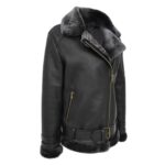 WeeBroz Women’s Black Leather Bomber Jacket Sheepskin Cross Zip Style - Image 5