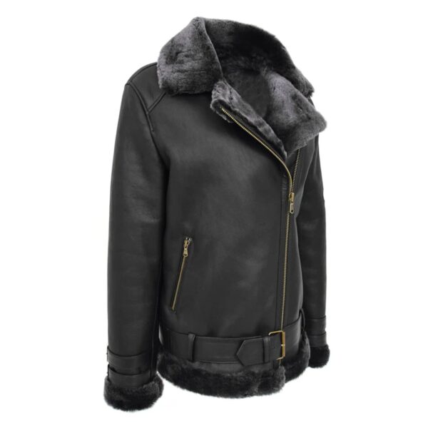 WeeBroz Women’s Black Leather Bomber Jacket Sheepskin Cross Zip Style - Image 5