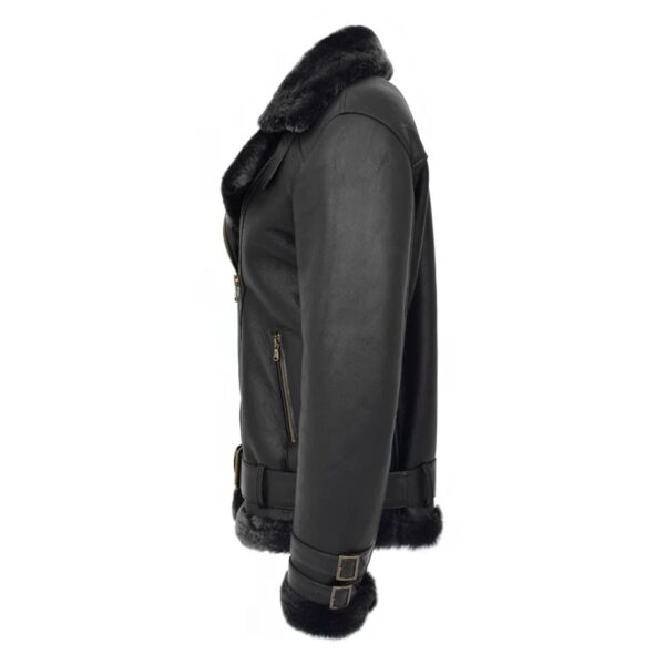 WeeBroz Women’s Black Leather Bomber Jacket Sheepskin Cross Zip Style - Image 6