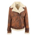 WeeBroz Women’s Vintage Brown Leather Bomber Jacket Sheepskin Aviator Style