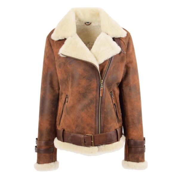 WeeBroz Women’s Vintage Brown Leather Bomber Jacket Sheepskin Aviator Style - Image 1