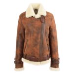WeeBroz Women’s Vintage Brown Leather Bomber Jacket Sheepskin Aviator Style - Image 3
