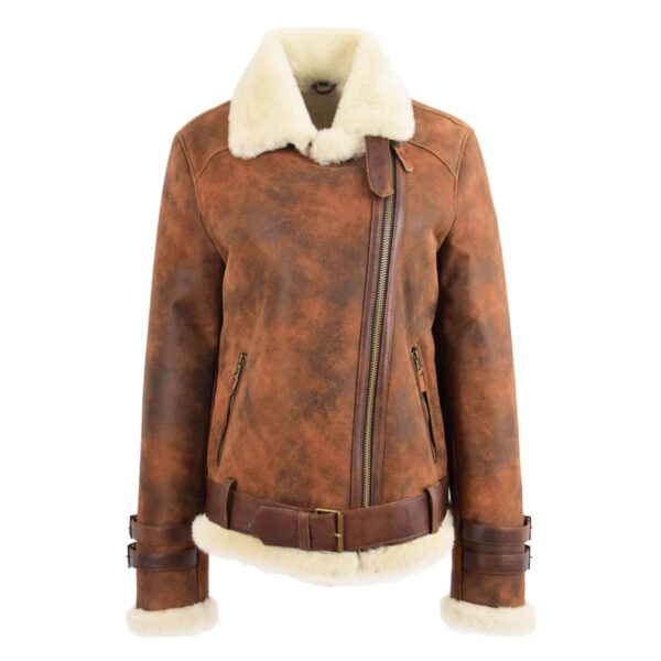 WeeBroz Women’s Vintage Brown Leather Bomber Jacket Sheepskin Aviator Style - Image 3