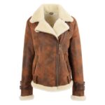 WeeBroz Women’s Vintage Brown Leather Bomber Jacket Sheepskin Aviator Style - Image 4