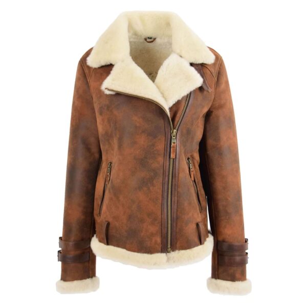 WeeBroz Women’s Vintage Brown Leather Bomber Jacket Sheepskin Aviator Style - Image 4