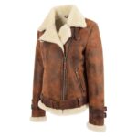 WeeBroz Women’s Vintage Brown Leather Bomber Jacket Sheepskin Aviator Style - Image 5