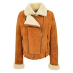WeeBroz Women’s Tan White Leather Bomber Jacket Sheepskin Aviator Pilot Style