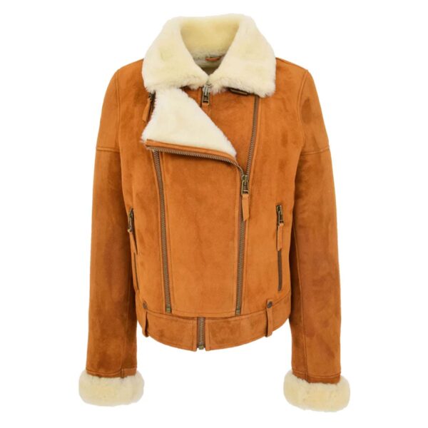 WeeBroz Women’s Tan White Leather Bomber Jacket Sheepskin Aviator Pilot Style - Image 1