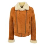 WeeBroz Women’s Tan White Leather Bomber Jacket Sheepskin Aviator Pilot Style - Image 3