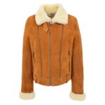 WeeBroz Women’s Tan White Leather Bomber Jacket Sheepskin Aviator Pilot Style - Image 4