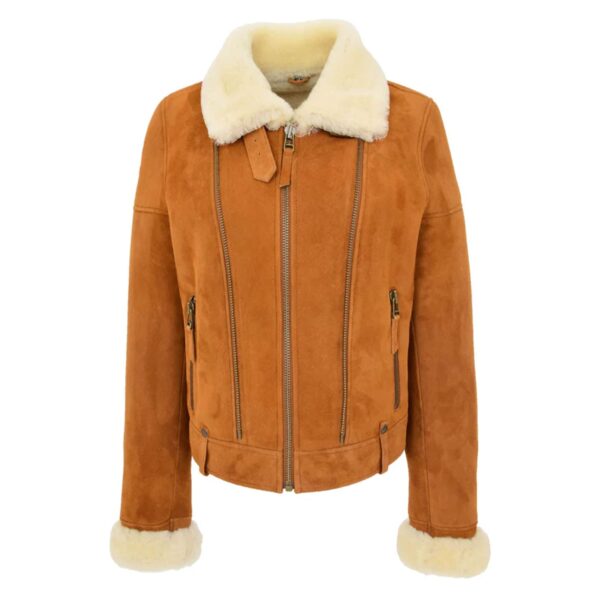 WeeBroz Women’s Tan White Leather Bomber Jacket Sheepskin Aviator Pilot Style - Image 4