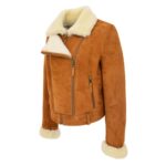 WeeBroz Women’s Tan White Leather Bomber Jacket Sheepskin Aviator Pilot Style - Image 5