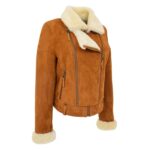 WeeBroz Women’s Tan White Leather Bomber Jacket Sheepskin Aviator Pilot Style - Image 6