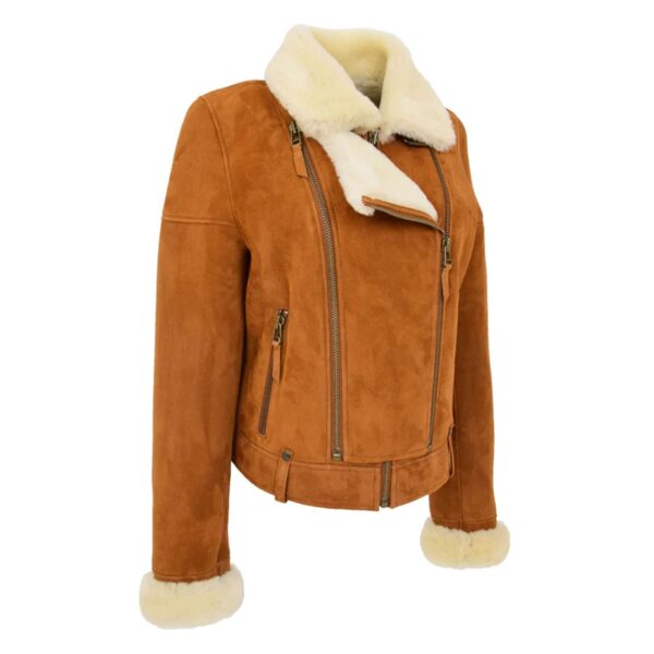 WeeBroz Women’s Tan White Leather Bomber Jacket Sheepskin Aviator Pilot Style - Image 6