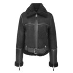 WeeBroz Women’s Black Leather Bomber Jacket Sheepskin Aviator Style