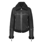 WeeBroz Women’s Black Leather Bomber Jacket Sheepskin Aviator Style - Image 4