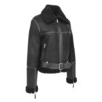 WeeBroz Women’s Black Leather Bomber Jacket Sheepskin Aviator Style - Image 5