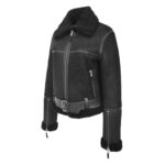 WeeBroz Women’s Black Leather Bomber Jacket Sheepskin Aviator Style - Image 6