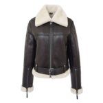 WeeBroz Women’s Brown White Leather Bomber Jacket Sheepskin Aviator Style