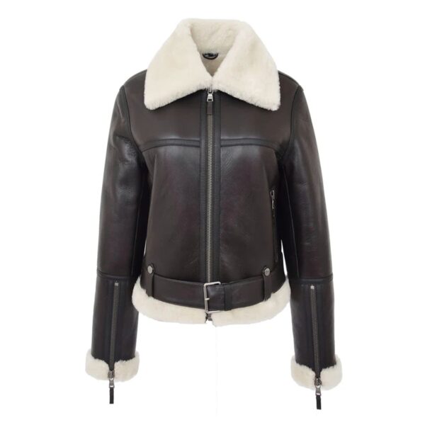 WeeBroz Women’s Brown White Leather Bomber Jacket Sheepskin Aviator Style - Image 1