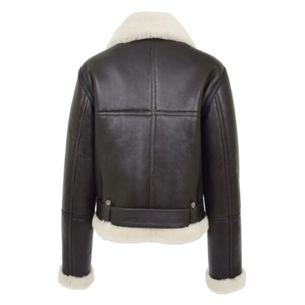 WeeBroz Women’s Brown White Leather Bomber Jacket Sheepskin Aviator Style - Image 2