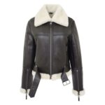 WeeBroz Women’s Brown White Leather Bomber Jacket Sheepskin Aviator Style - Image 3