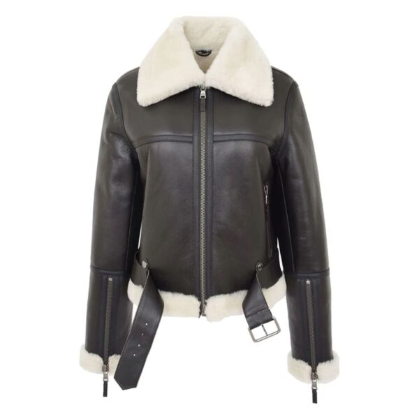 WeeBroz Women’s Brown White Leather Bomber Jacket Sheepskin Aviator Style - Image 3